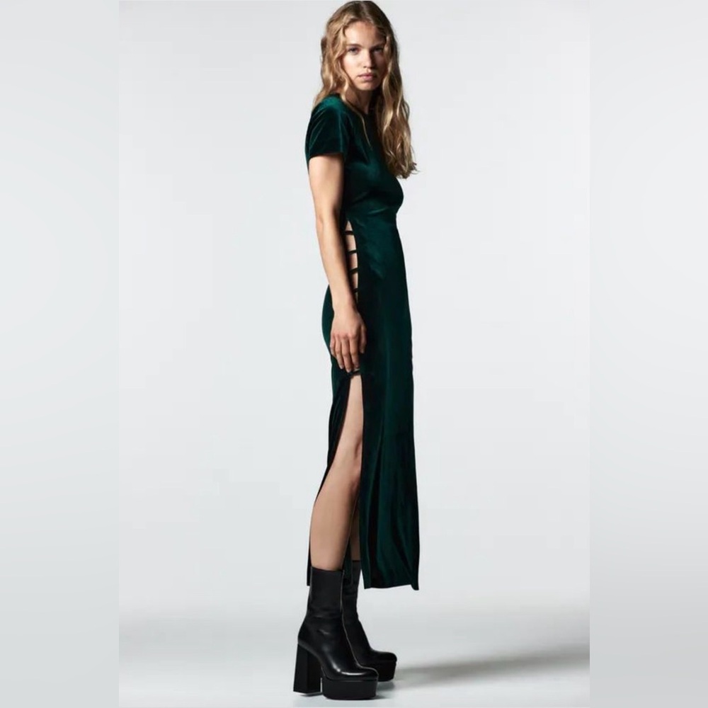 ZARA Green Velvet Midi Dress